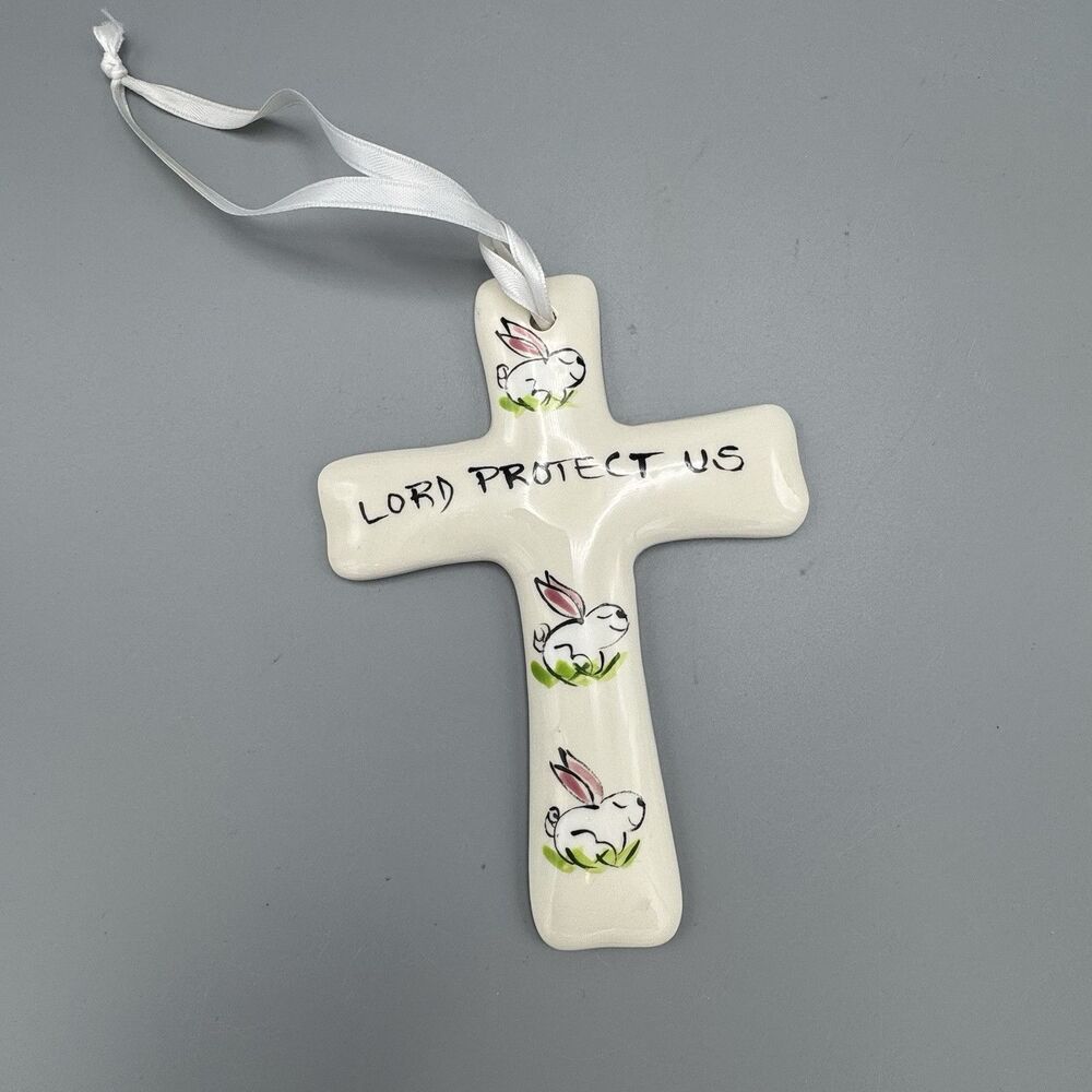 Jamie 2002 Ceramic Cross Easter Plaque Wall Hanging Handpainted Bunnies Religous